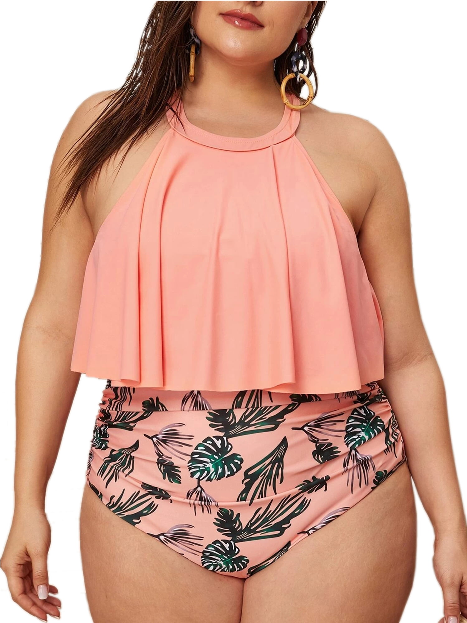 Plus Size Women High Waist Print Bikini Set Swimwear Beach Swimsuit Bathing Suit