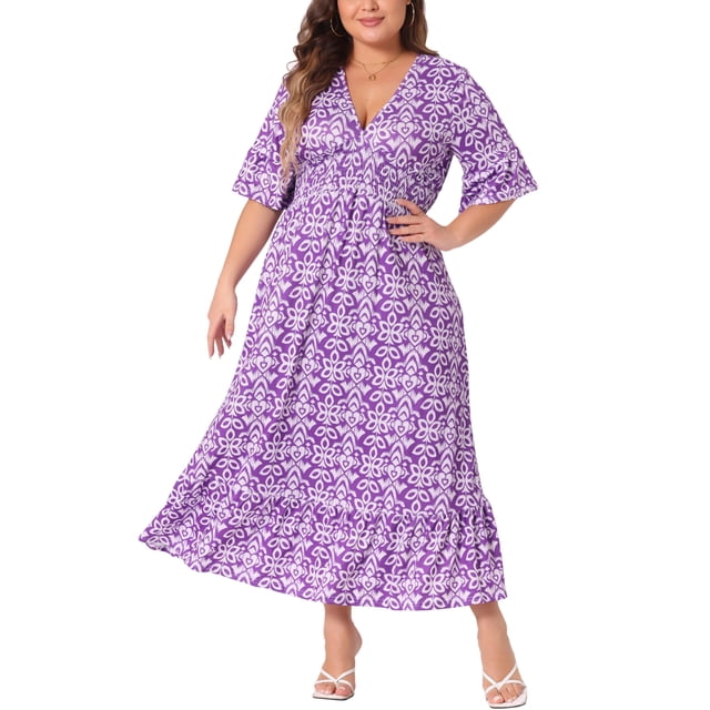 Vestido largo bohemio de línea A con media manga y escote en V para mujeres de tallas grandes GRACE & GRANDEUR 2X púrpura