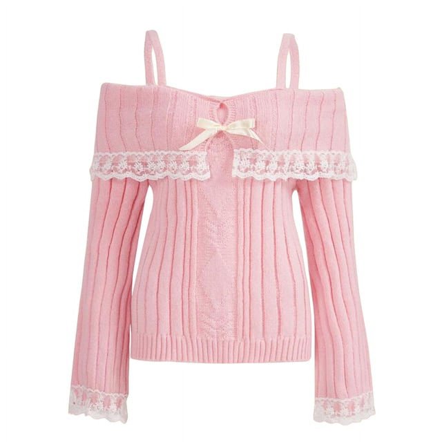 Women‘s Cold Shoulder Sweaters Long Sleeve Contrast Lace Knit Pullovers Bow Front Jumper Tops