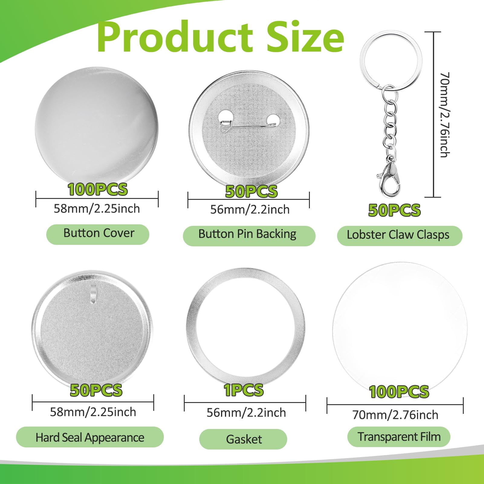 100 Sets (50 Sets pin+50 Sets Keychain) 58mm/2.25 inch Button Maker Supplies, Keychain Pins Metal Round Badge Button Parts Making Kit for Button Maker Machine with Metal Cover DIY Gifts