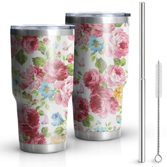 30oz Pioneer Tumbler Stainless Steel Vacuum Colorful Floral Insulated Travel Coffee Mug with Splash-Proof Lid Metal Straw White