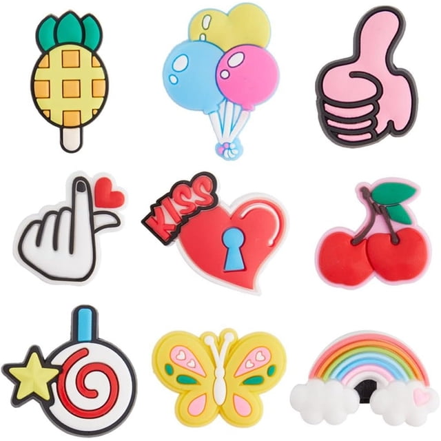 27 piezas de 9 estilos de dijes para cordones de zapatos, cadena decorativa de plástico con forma de corazón, cereza y arcoíris, adaptadores con hebillas.