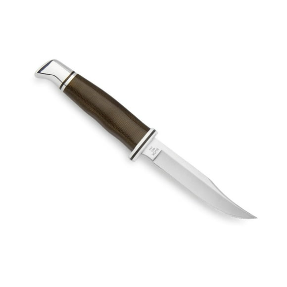 Buck Knives Woodsman 102 Knife - Lifetime warranty, Steel Clip Blade, Full Tang, O.D. Green Micarta Handle, Finger Guard, Leather Sheath - Ideal for Fish and Small Game