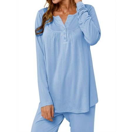 

TWY Women Solid Color Buttons V Neck Long Sleeve Casual Pajama Set XL