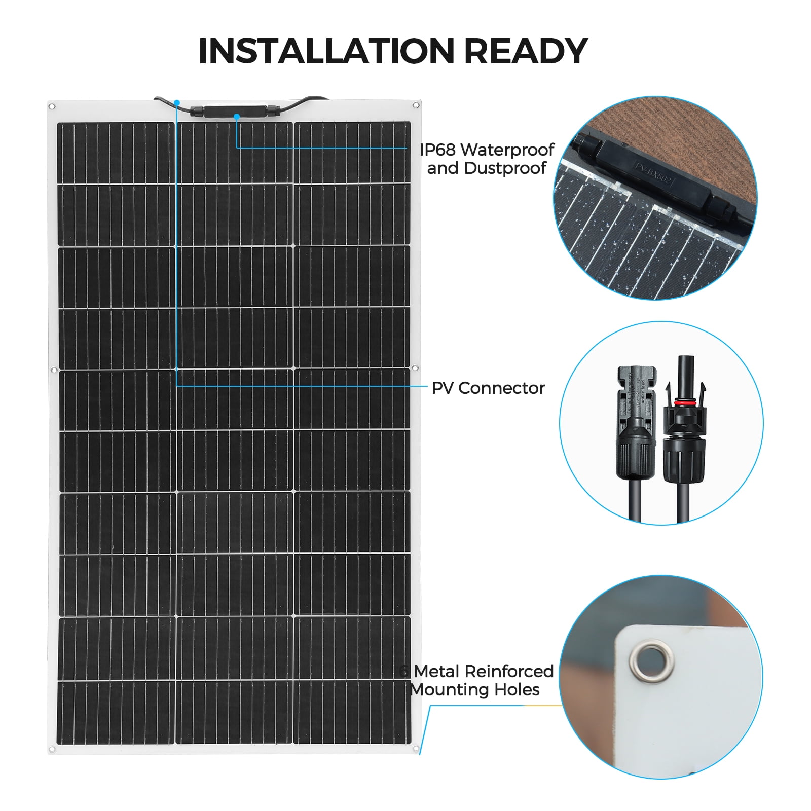 100 Watt monocrystalline solar panel, flexible and bendable photovoltaic module, solar off-grid charger for boats, caravans, vans, automobiles and other uneven surfaces