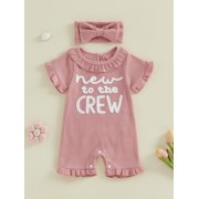 BemeyourBBs Newborn Baby Girl Summer Clothes Hospital Going Home Outfit Baby Girl New To The Crew Romper Letter Embroidered Short Sleeve Waffle Knit Ruffle Jumpsuit Shorts Headband