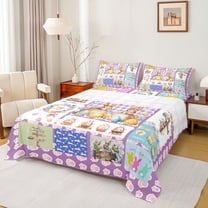 Feelyou Happy Easter Teens Twin Sheet Sets, Kawaii Bunnies Animal Twin Fitted Sheet, Purple Cartoon Patchwork Flat Sheet, Cute Super Cozy Room Decor, 3 Pieces