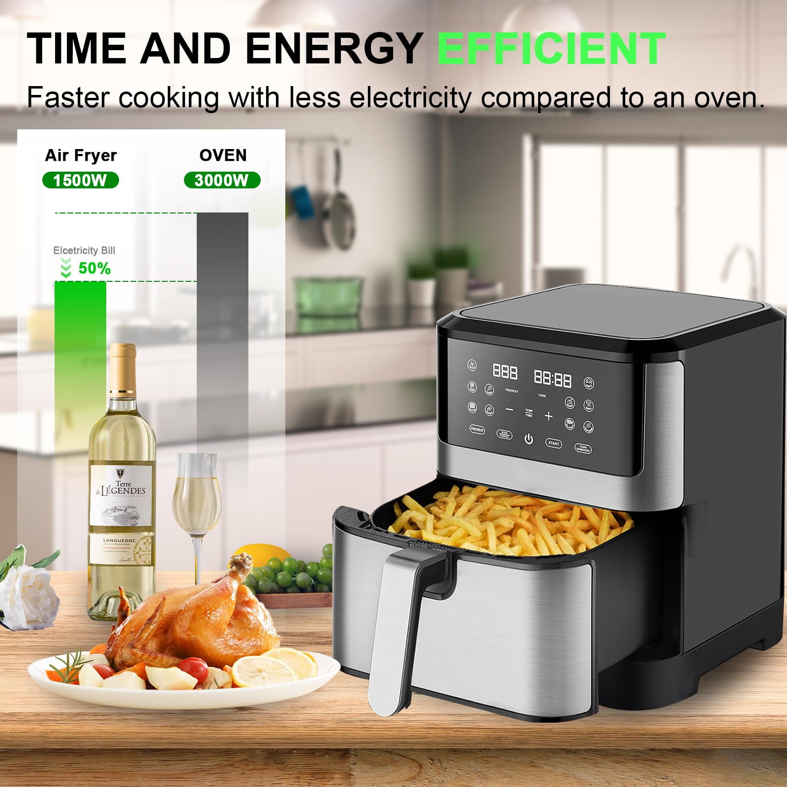 Jacgood 8QT Air Fryer for Family Size, 10 One-Touch Digital Functions, 400℉ Fast Cooking, 80% Less Oil, Roast, Bake, Crisps, Broil and Air Fry for Easy Meals, Dishwasher Safe