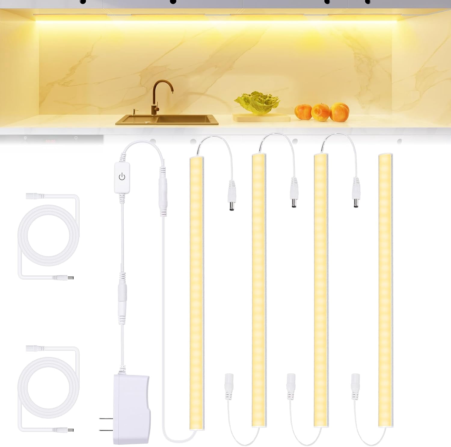 RGHJAR-Under Cabinet Lights Plug-in, 4 Pack x 12inch Warm White 3000K LED Under Cabinet Lighting, Dimmable Under Counter Lights with Memory Function, LED Light Bars for Kitchen Pantry Desk