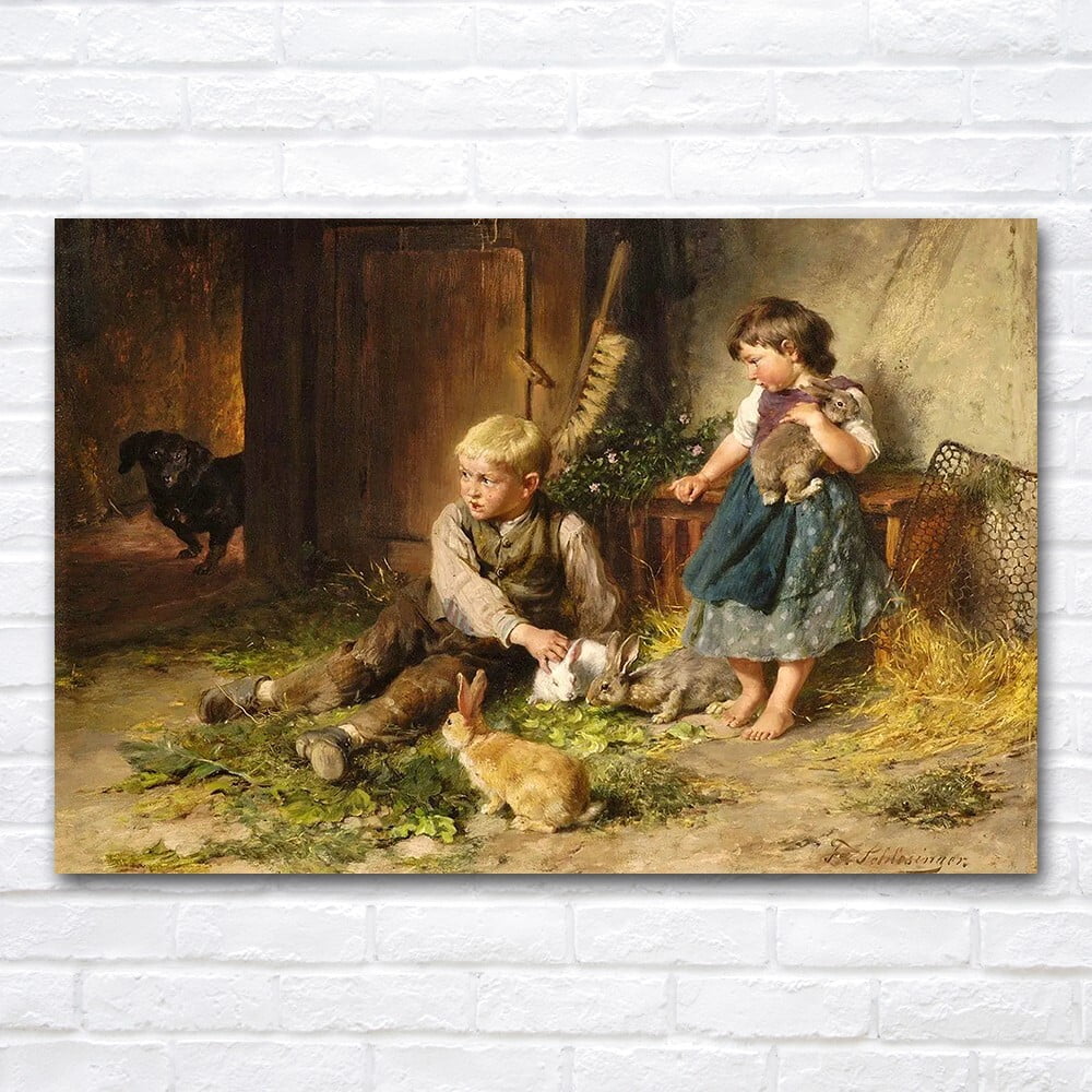 Children Feeding Rabbits Wall Art Classical Animal Wall Art