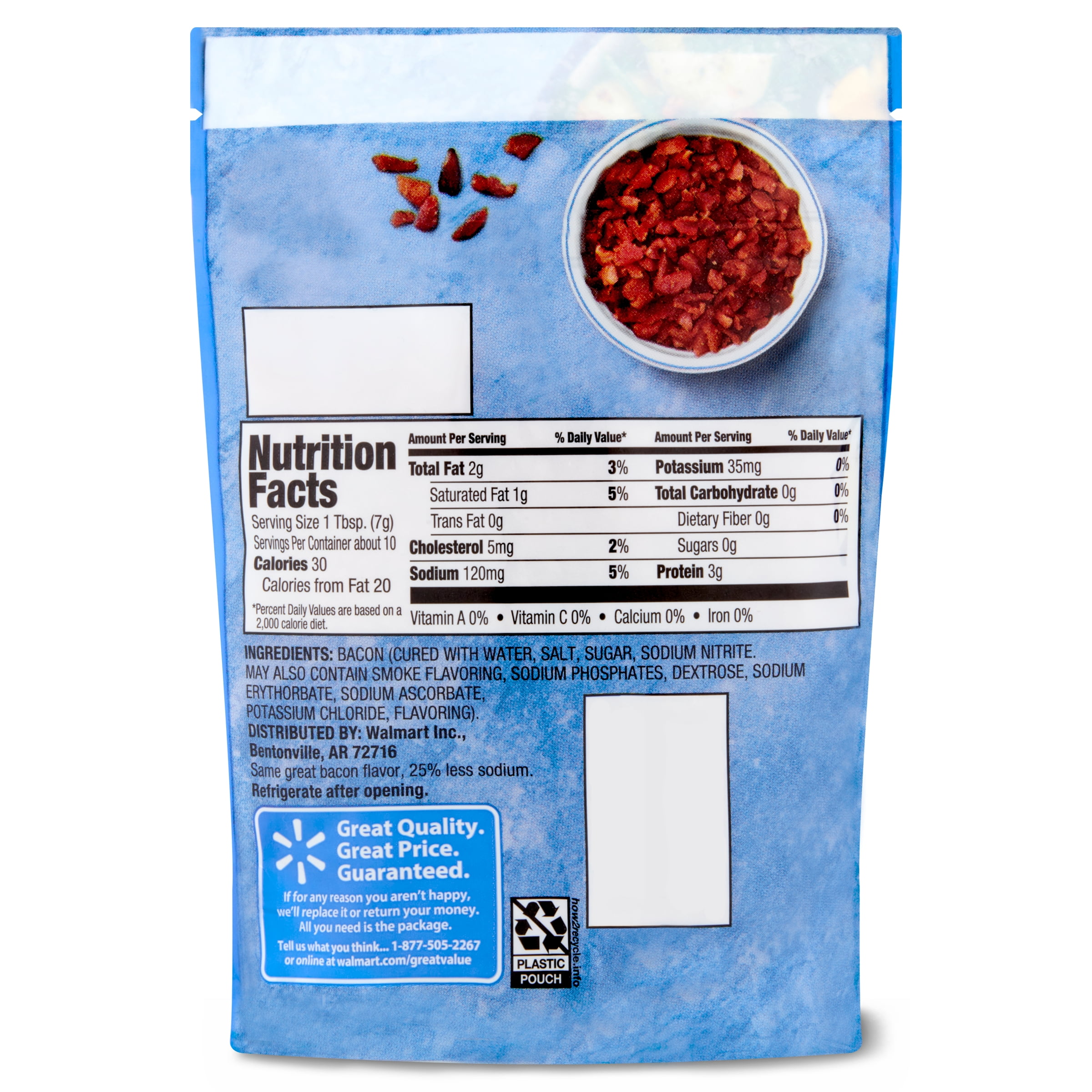 Great Value Reduced Sodium Real Bacon Pieces, 2.5 oz