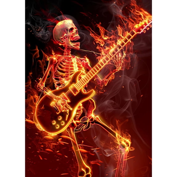DIY 5D Diamond Art Skeleton Play Guitar in Fire Paint with Full Drill Round Diamond Gems Painting by Number Kits for Adults Art Craft Home Wall Decor 15.8x19.8in(1)