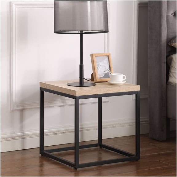 JERFIT Industrial End Table with Storage Shelf, Small Square Nightstand for Bedroom Living Room, Oak Finish Particle Board Accent Table