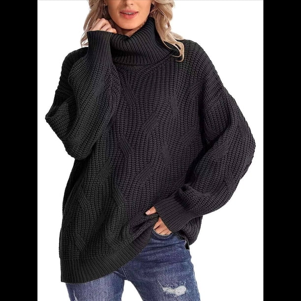 Suéter de Cuello Alto, Larga, Estilo Globo, Liso, para Mujer, para Invierno y Otoño. Negro L