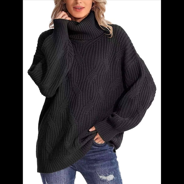 Suéter de Cuello Alto, Larga, Estilo Globo, Liso, para Mujer, para Invierno y Otoño. Negro XL