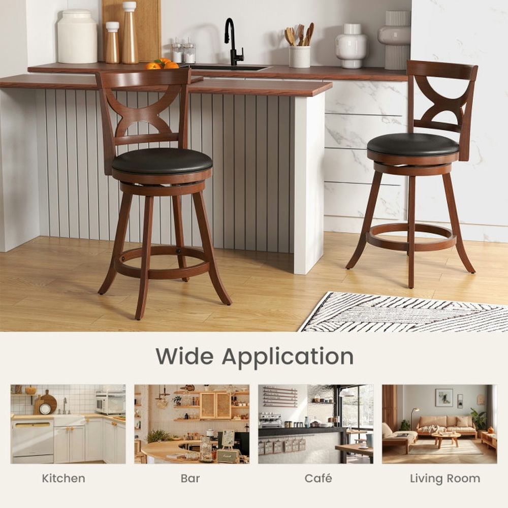 Demi Bonn 24" Set of 2 Swivel Bar Stools with Soft Cushion and Elegant Hollow Backrest, Modern Kitchen Dining Chair, Brown