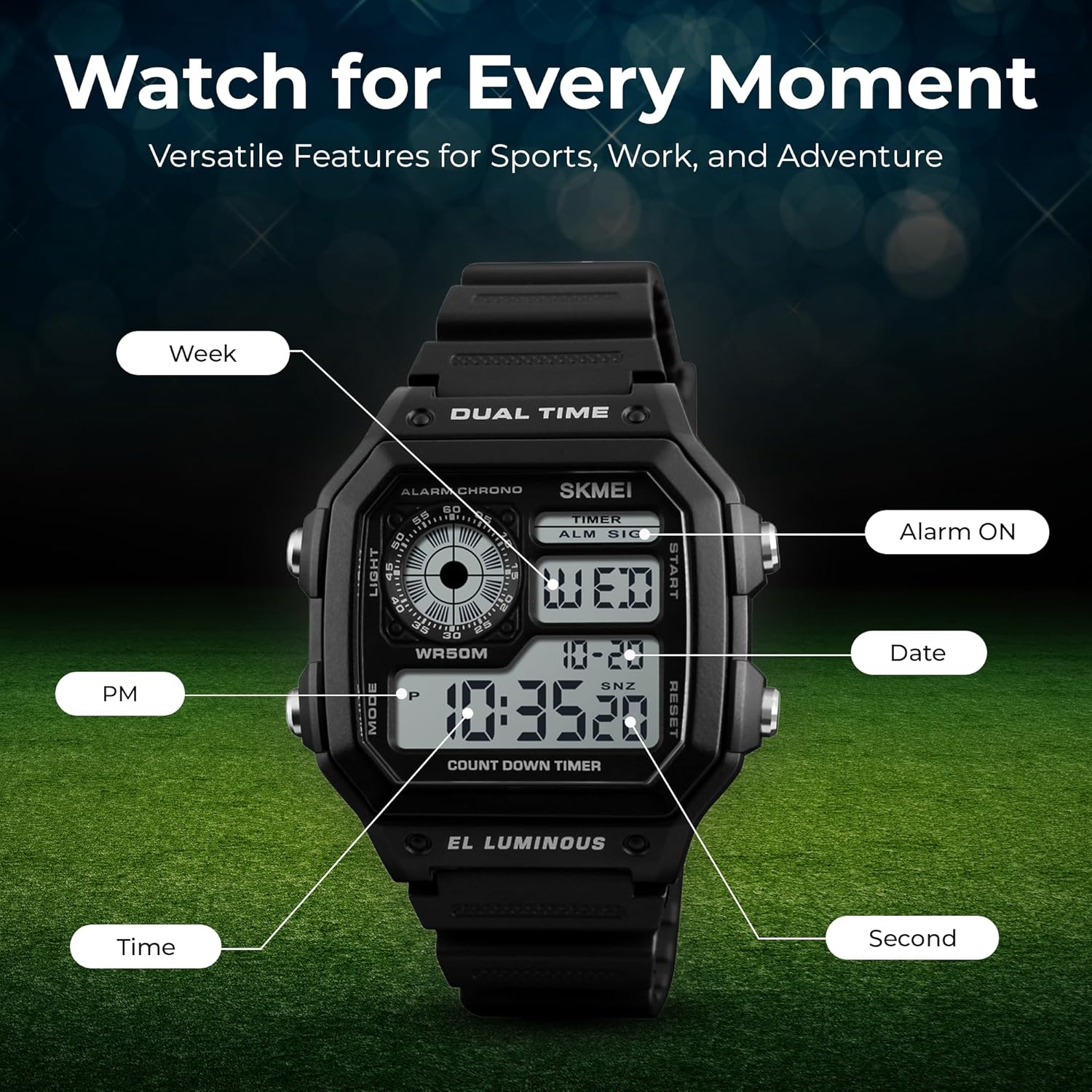 Wrist Watch for Men, Digital Sports Waterproof Watch with Dual Time Chronograph Countdown Alarm Backlight