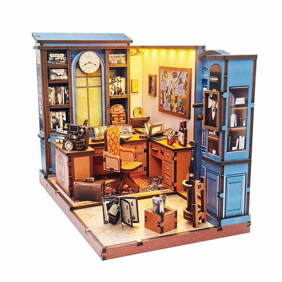 3d wooden puzzle for adults Famous Detective Agency book nook with lights model kit dollhouse DIY miniature house Birthday and Christmas gifts