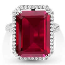 Gem Stone King 925 Sterling Silver Red Created Ruby Engagement Ring for Women (20.50 Cttw, Emerald Cut 18X13MM, Size 5)