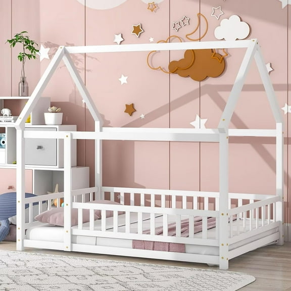 LLS Full Size Floor Bed Frame with Roof Fence, Wooden Montessori House Bed for Boys Girls Bedroom, White Without Slats