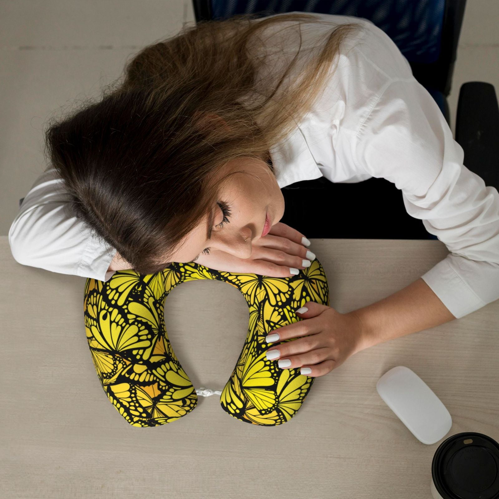 Xecao Yellow Butterflies Print Memory Foam Cervical Neck Pillow Versatile U-Shaped Pillows for Home,Office,Camping,Travelling,Soft Washable Cover