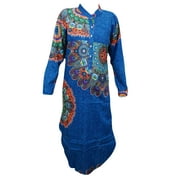 Mogul Womens Tunic Dress Mandarian Collar Blue Printed Indian Dresses