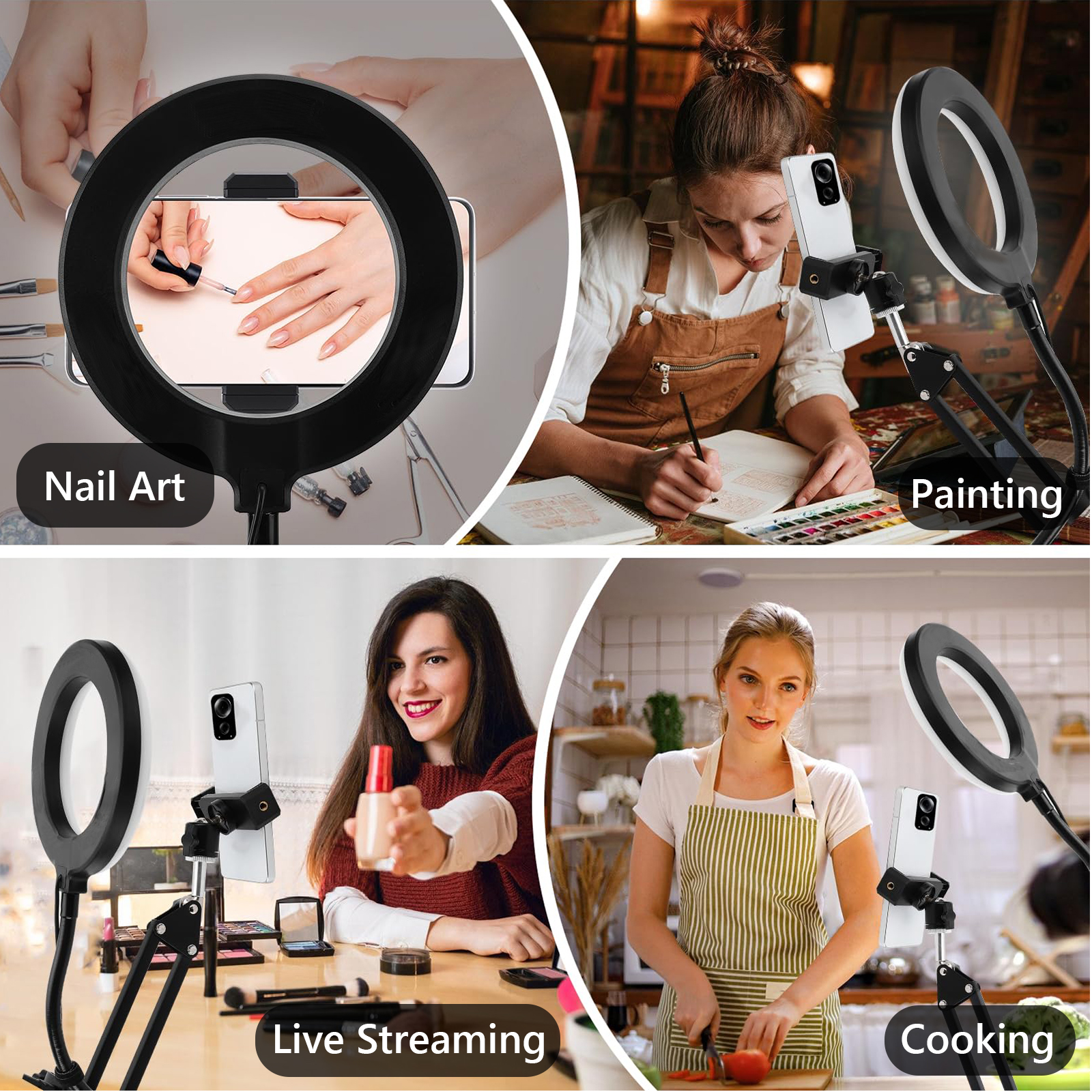 Kalcinty Camera Mount with Ring Light Overhead, 6" LED Ring Light, Flexible Articulating Arm Compatible with iPhone, Logitech Webcam, Computer Tripod for YouTube Live Stream Cooking Video Recording