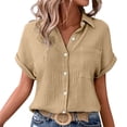 thumbnail image 2 of Pxiakgy Women Linen Button Down Shirt Rolled Cuffed Short Sleeve Blouse Ladies Summer Casual V Neck Beach Double Layer Wrinkled Fabric Tops Batwing Sleeve Pocket Patched Shirt Khaki M, 2 of 7