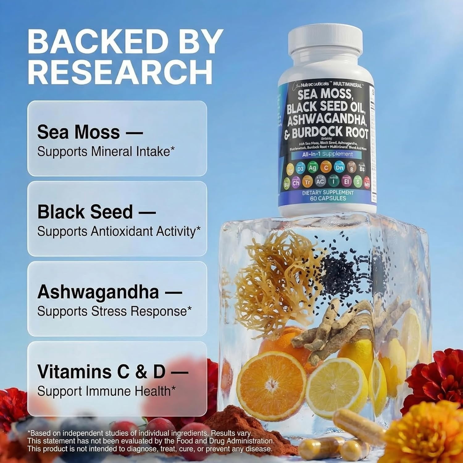 Clean Nutra MultiMineral Sea Moss Capsules 2 Pack - Black Seed Oil Ashwagandha Turmeric Bladderwrack Burdock Root Vitamin C D3 Elderberry Iodine Chlorophyll