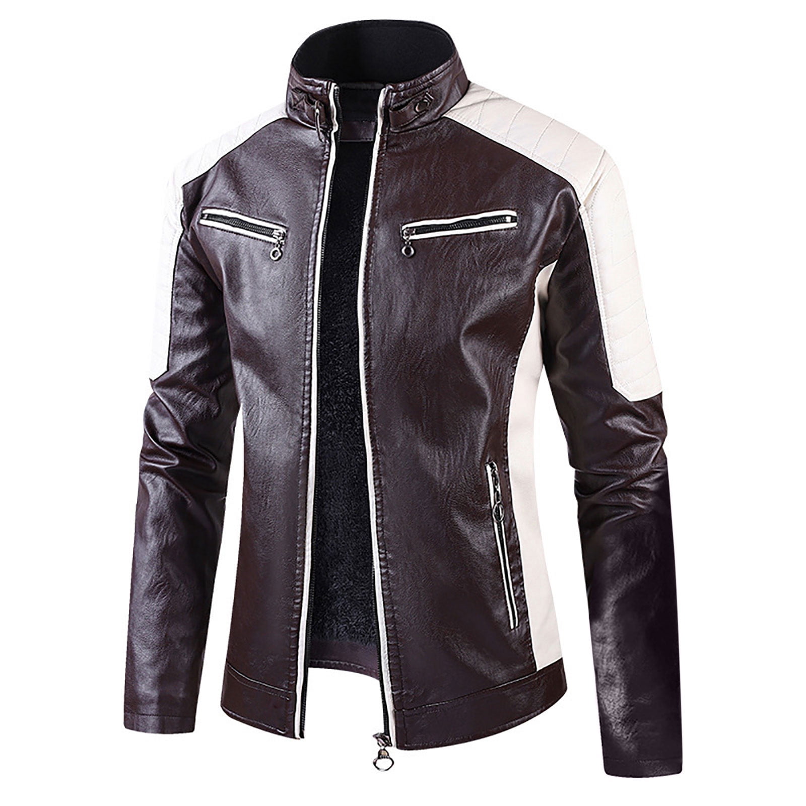 Bazeneo Leather Jacket Mens Slim Fit Faux Leather Jacket Smart Casual Motorcycle Jackets with Zip Pockets Colour Block Zipped Biker Jackets Western Style Stand Collar Outwear