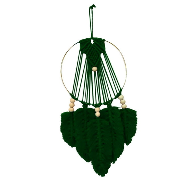 Decoración de pared con flecos de macramé, hojas minimalistas, círculos, tejido a mano verde