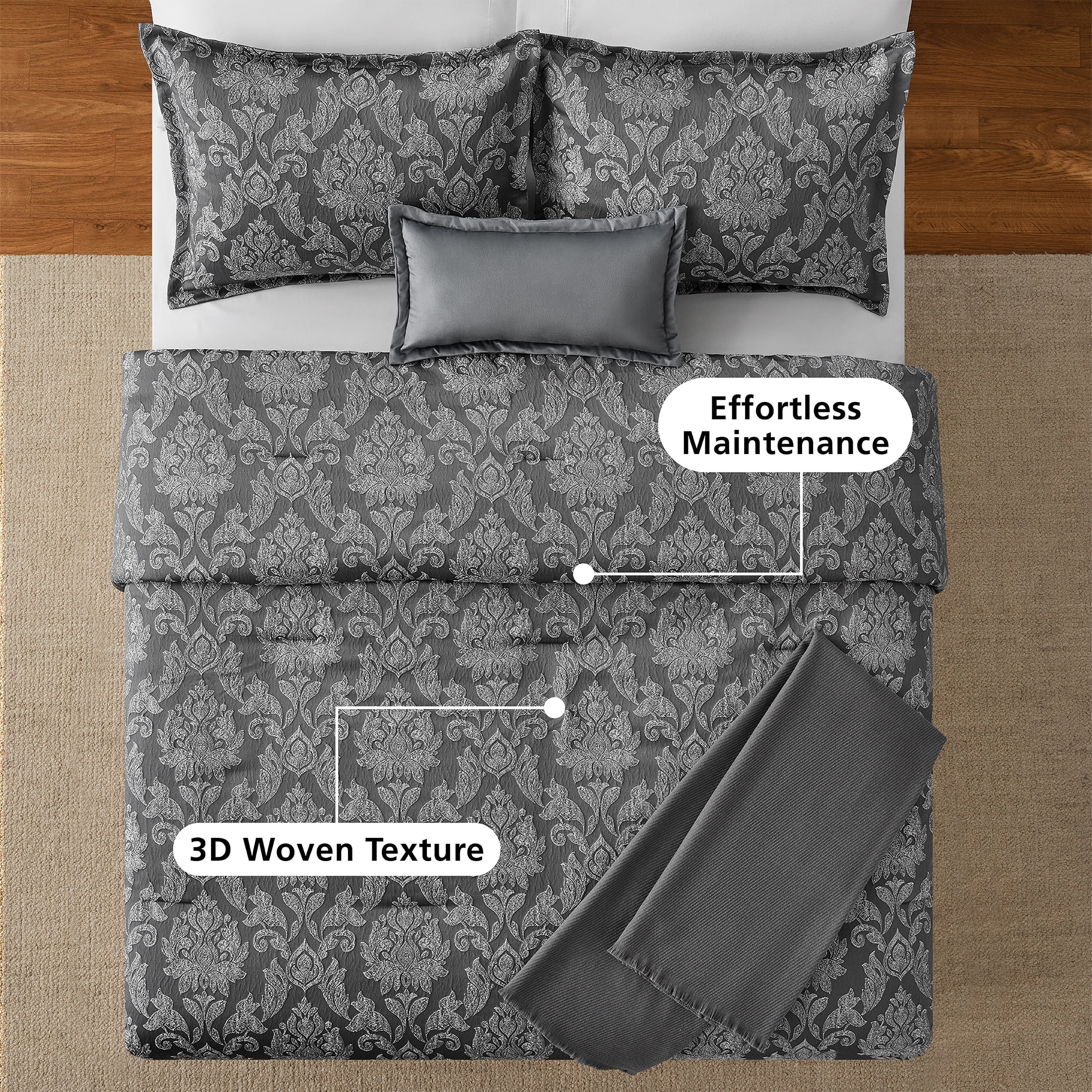 Mainstays Full/Queen Comforter Set, All-Season, 5-Piece, Grey Jacquard Damask
