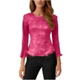 thumbnail image 3 of Women's Sparkling Sequin T-Shirt Top Blouse Round Neck Quarter Sleeve Loose Fit Trumpet Sleeve Solid Color Casual Party Night Out Fashion Essential Gift for Women | Sopatenor,Hot Pink XL, 3 of 9