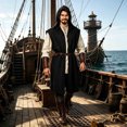thumbnail image 2 of Medieval Costume Men Sleeveless Hooded Pirate Jacket with Belt Two Piece Set Halloween Cosplay Halloween Costume Men, Size S, 2 of 4