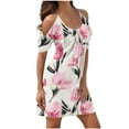 thumbnail image 2 of Wycnly Formal Dresses for Women Fashion Plus Size Beach Cold Shoulder Tunic Tshirt Strap Dresses Short Sleeve Round Neck Floral 2024 Summer Mini Dress Pink XL, 2 of 5