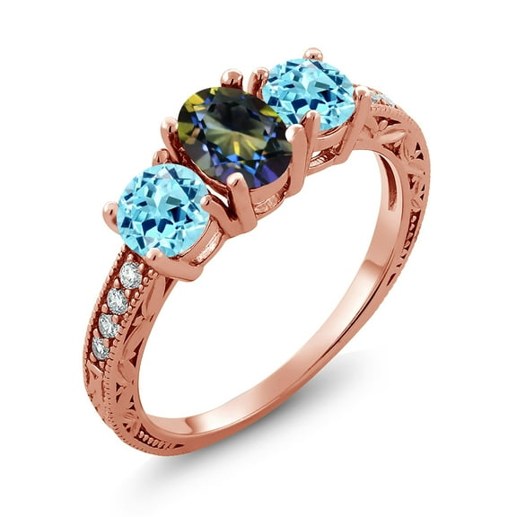 Gem Stone King 2.06 Ct Oval Blue Mystic Topaz Blue Apatite 18K Rose Gold Plated Silver Moissanite Ring (Size 6)