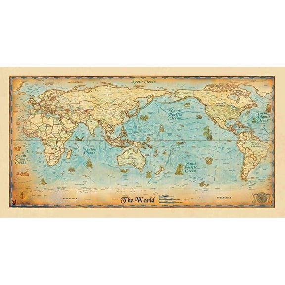 Iconic Arts Laminated 45x24 Poster: World Map - Antique World Wall Map Pacific Centered Zoom