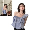 thumbnail image 3 of Camisa a rayas de un solo hombro para mujer, blusa Irregular sin mangas con espalda fruncida y decoración con volantes, blusa femenina a la moda con estampado de rayas L, 3 of 14