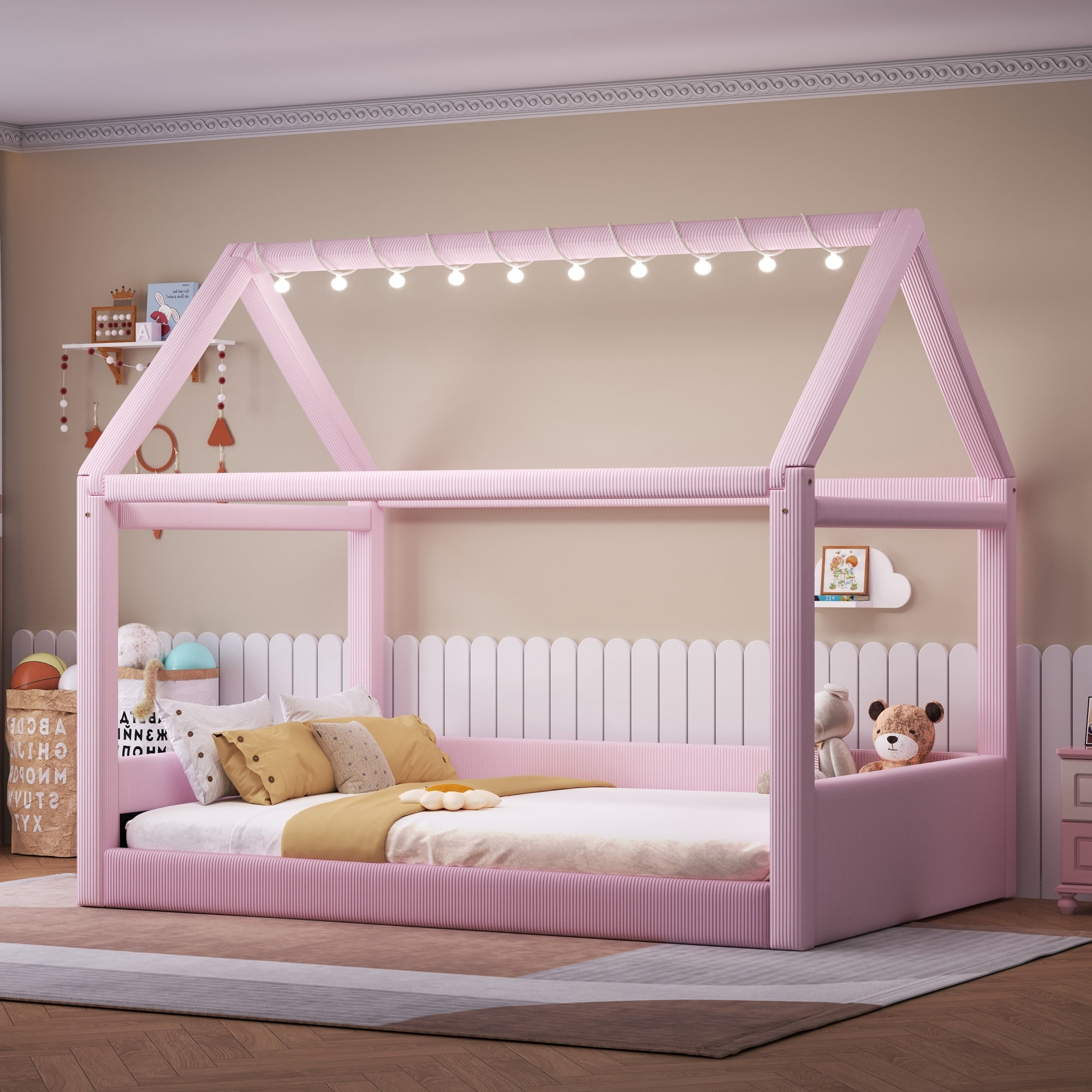 Euroco Upholstered Full Size Platform Bed, House Canopy Bed with LED Light Strip, Pink