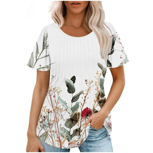 Summer Short Sleeve Tops Woman Fashion 2024 Pleated Dressy Casual Blouses Crew Neck Solid Color T Shirts (X-Large, White 01)