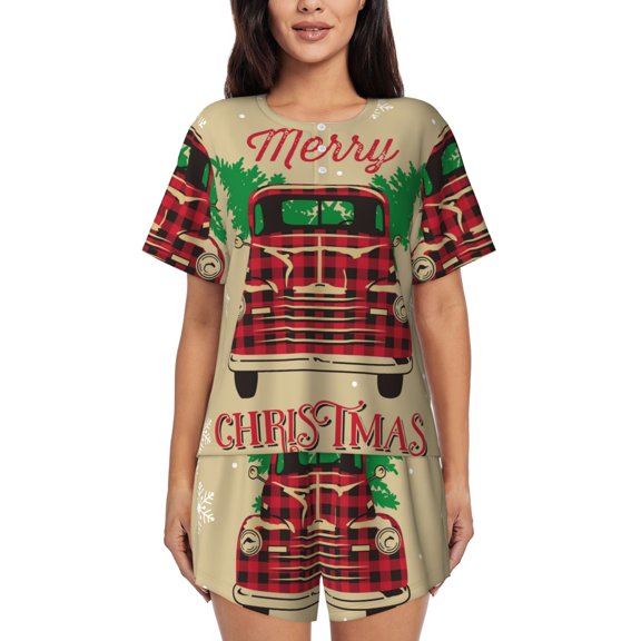 Rateoe Christmas Vintage Red Truck Pattern Women's Short-Sleeved Pajama Set - 2 Piece Soft and Lightweight Sleepwear Set-Small