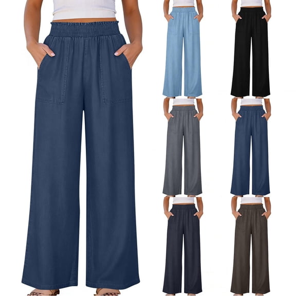 Oksale Plus Size Wide Leg Jeans for Woman Elastic Waisted Denim Pants with Pockets Casual Loose Wide Leg Pants 2026 Dark Blue S