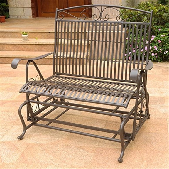 Outdoor Double Glider Bench - Elegant Iron Porch Swing - Durable Patio Furniture - Rustic Brown Finish