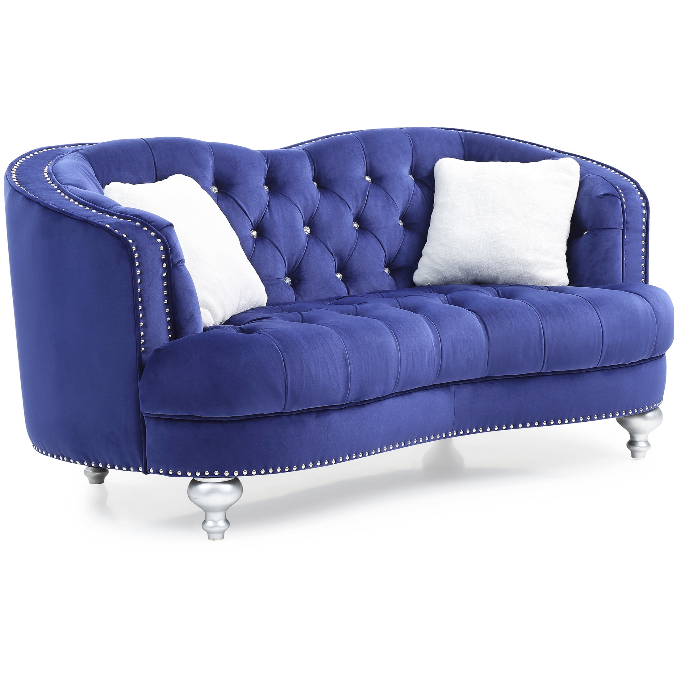 Blue Velvet Traditional Loveseat Sofa for Two, Cozy Upholstered Bench Couch with Recessed Arms