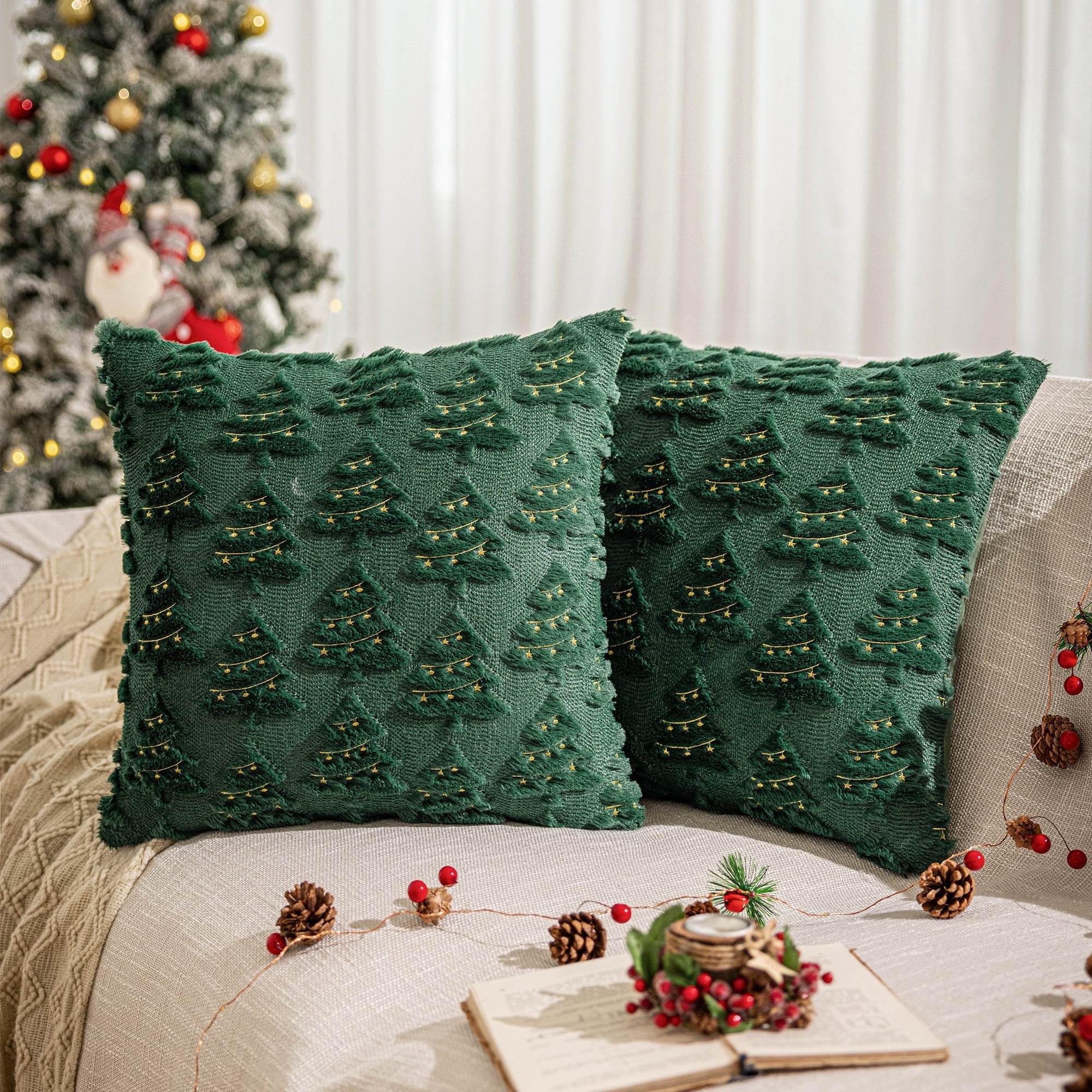 Christmas Tree Decorative Throw Pillow Covers Set of 2, Faux Fur Farmhouse Throw Pillows Cushion Cases for Xmas Winter Holiday Home Decorations