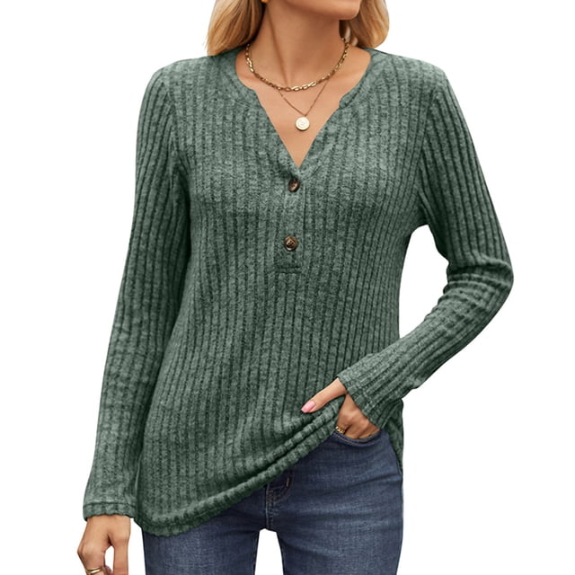 KIHOUT Spring Winter Womens Tops Fashion Solid Color Long Sleeve V-neck Button Slat Casual Sweater Top