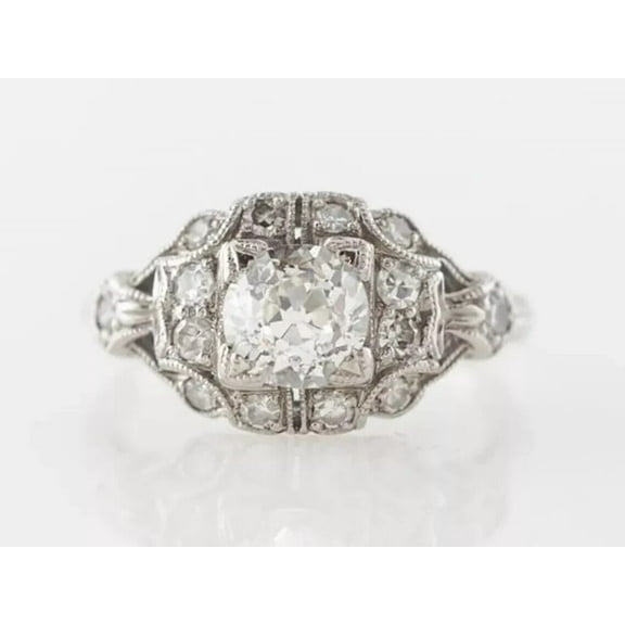 Art Deco Milgrain Old European Engagement Ring 2.2 Ct Diamond 14K White Gold Over