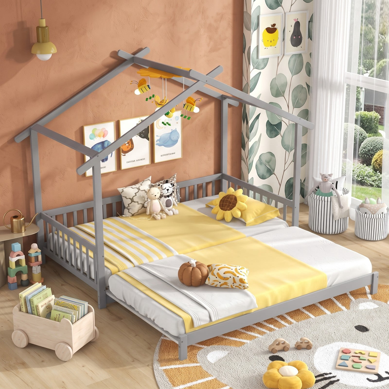 Furnibear Extendable House Bed Twin to King Size Daybed with Roof Frame and Fence Rails for Kids and Shared Bedroom, Gray