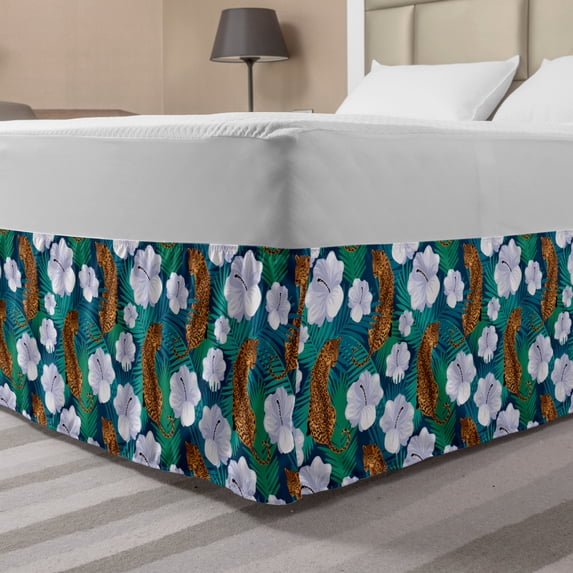 Tropical Bed Skirt, Floral Jungle and Leopards Hibiscus Blossoms Rainforest Wildlife Flora Theme, Elastic Bedskirt Dust Ruffle Wrap Around for Bedding Decor, 4 Sizes, Multicolor, by Ambesonne