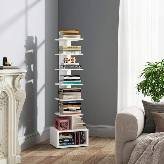 Narrow Bookshelf, Vertical 8-Tier Bookcase, Spine Book Shelf for Small Space, Small Standing Shelf for Living Room, Office, Study, Entryway, White BS07BW008